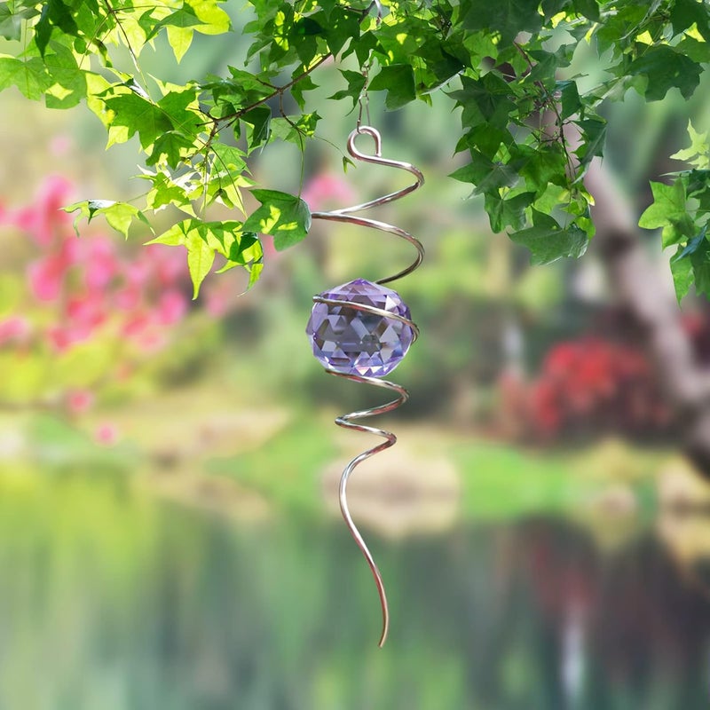 Eiryhope Wind Spinner Spiral Tail, Gazing Ball Spiral, Decorative Sun Catcher Rainbow Maker 11inch Tail and 2 inch Purple Crystal Orb with Swivel Hook, Indoor & Outdoor Garden Decoration 13" Height - Image 2